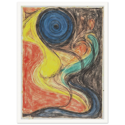 Flowing abstract lines weave through fiery red, luminous yellow, deep blue, and shadowed black, evoking cosmic movement and elemental energy.