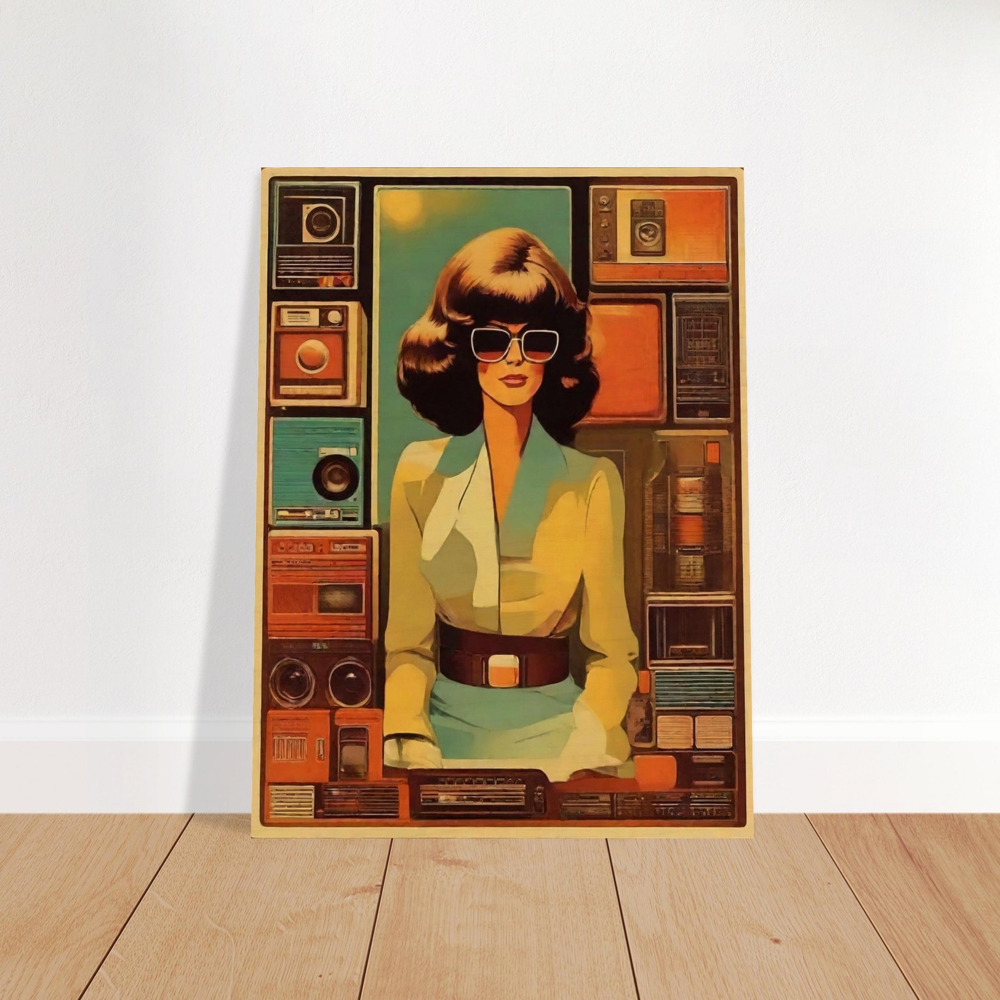 A stylish woman with large sunglasses stands in front of a backdrop filled with vintage radios and cassette players, evoking a retro vibe.