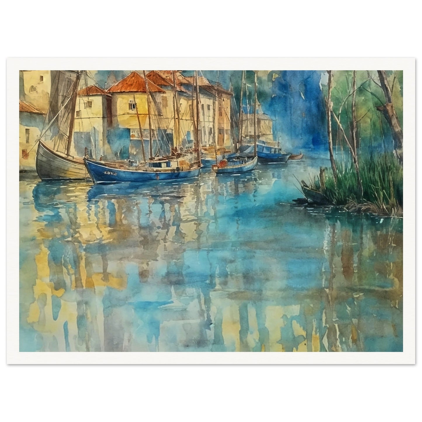 A tranquil watercolor painting of sailboats docked near a coastal town, their reflections mirrored on the calm blue water.