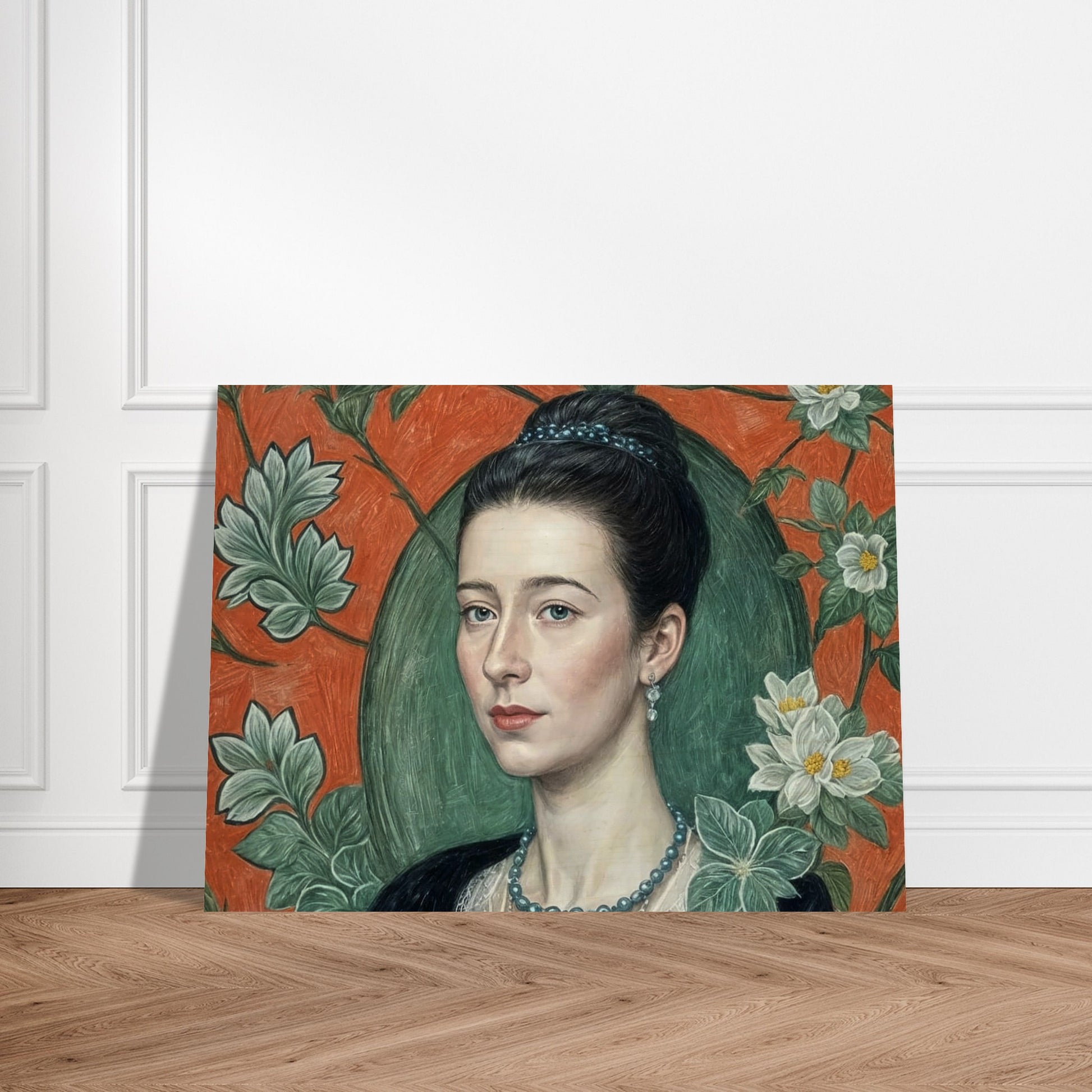 Realistic portrait of a woman with a calm expression, surrounded by intricate floral patterns in soft green and orange tones