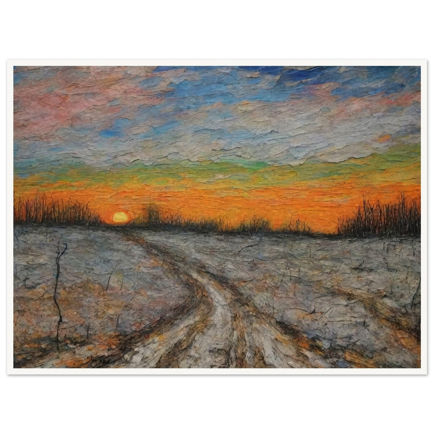 A painting of a winding dirt road at sunset, with vibrant colors filling the sky and bare trees lining the landscape.