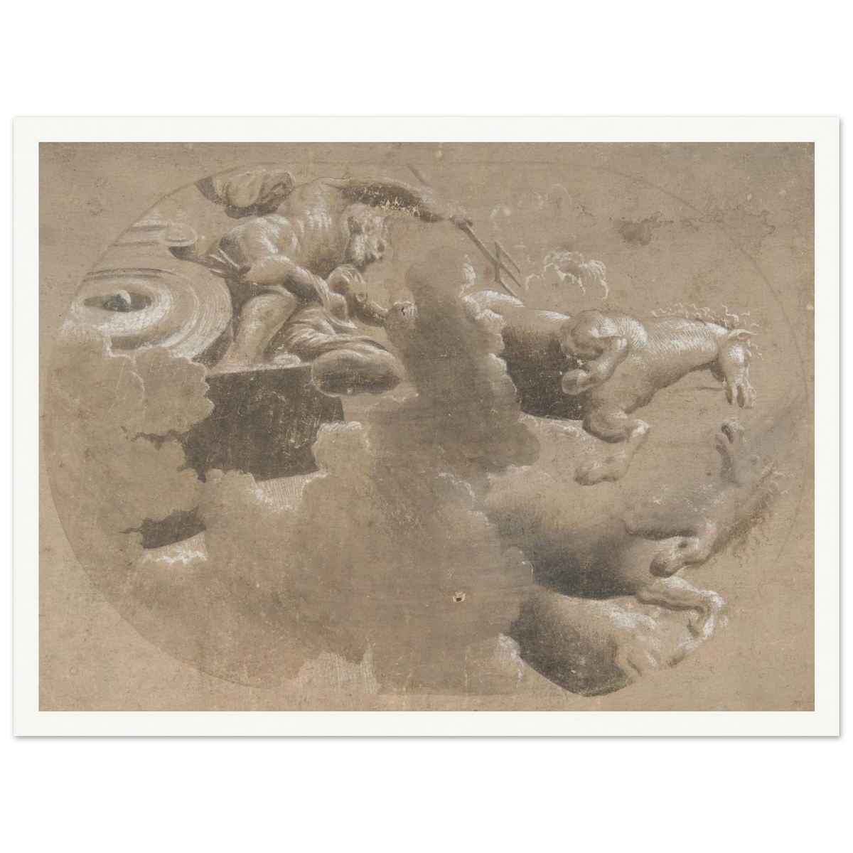 Ceiling design with a male figure holding a trident beside a horse-drawn chariot emerging through clouds.