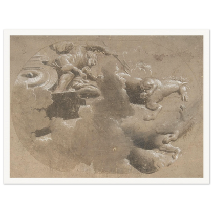 Ceiling design with a male figure holding a trident beside a horse-drawn chariot emerging through clouds.