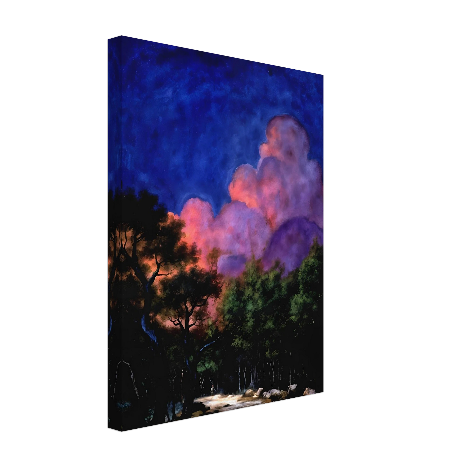 Dreamlike night landscape with deep blue sky, glowing pink clouds, shadowed trees, and luminous forest path beneath radiant twilight.