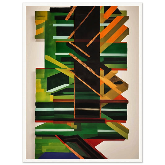 A dynamic and visually engaging abstract painting featuring a complex arrangement of geometric shapes and lines in green, black, orange, and yellow. Central focus on a large black vertical shape with intersecting diagonal and horizontal lines, creating depth and movement.