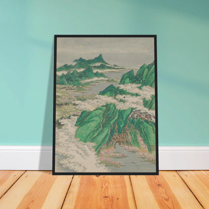 Green mountains rise through curling white clouds above rivers, villages, and pink blossoms in a traditional Chinese landscape.
