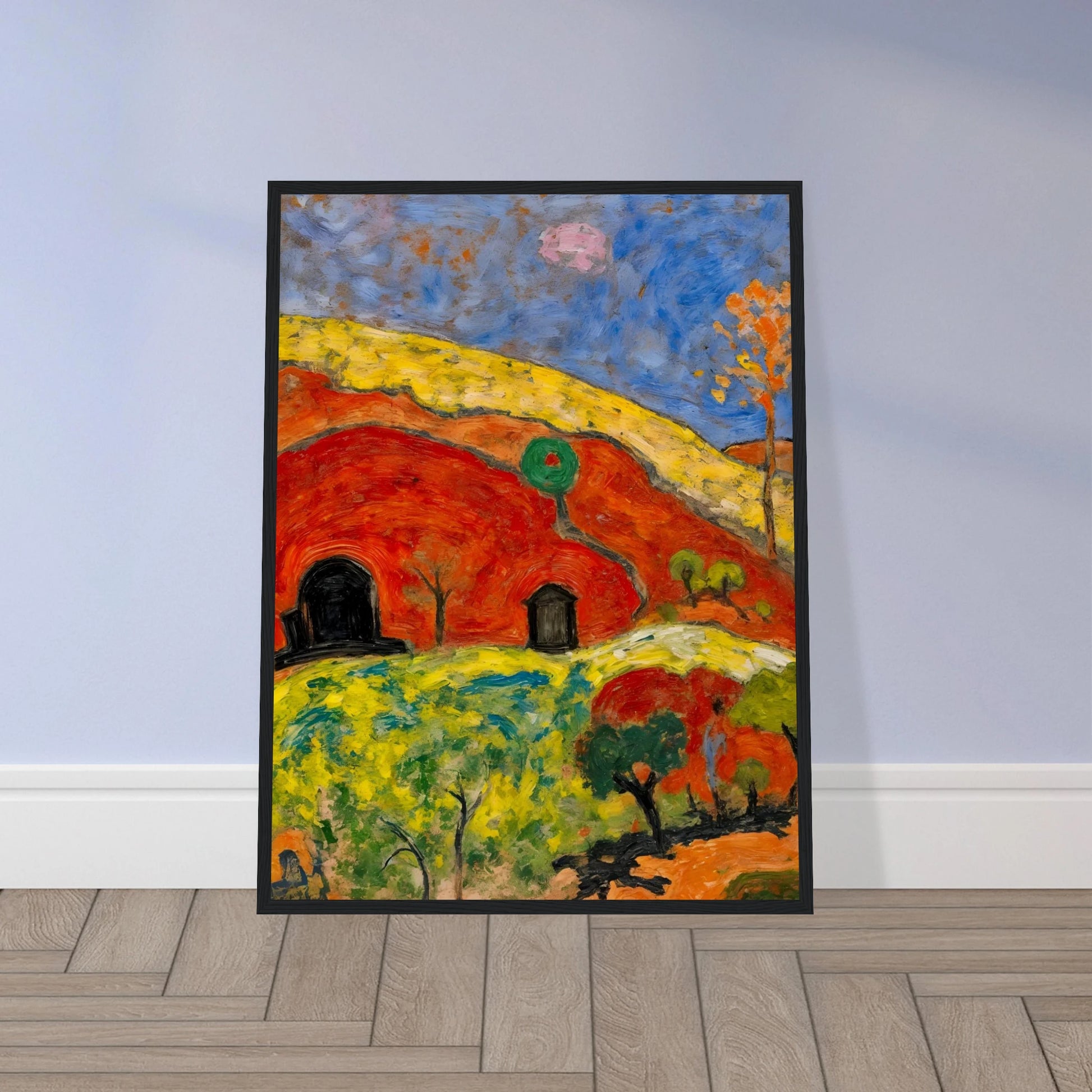 A vibrant expressionist landscape depicting red-orange hills with cave-like dwellings, scattered trees, rolling yellow-green fields, and a deep blue sky illuminated by a pale moon.