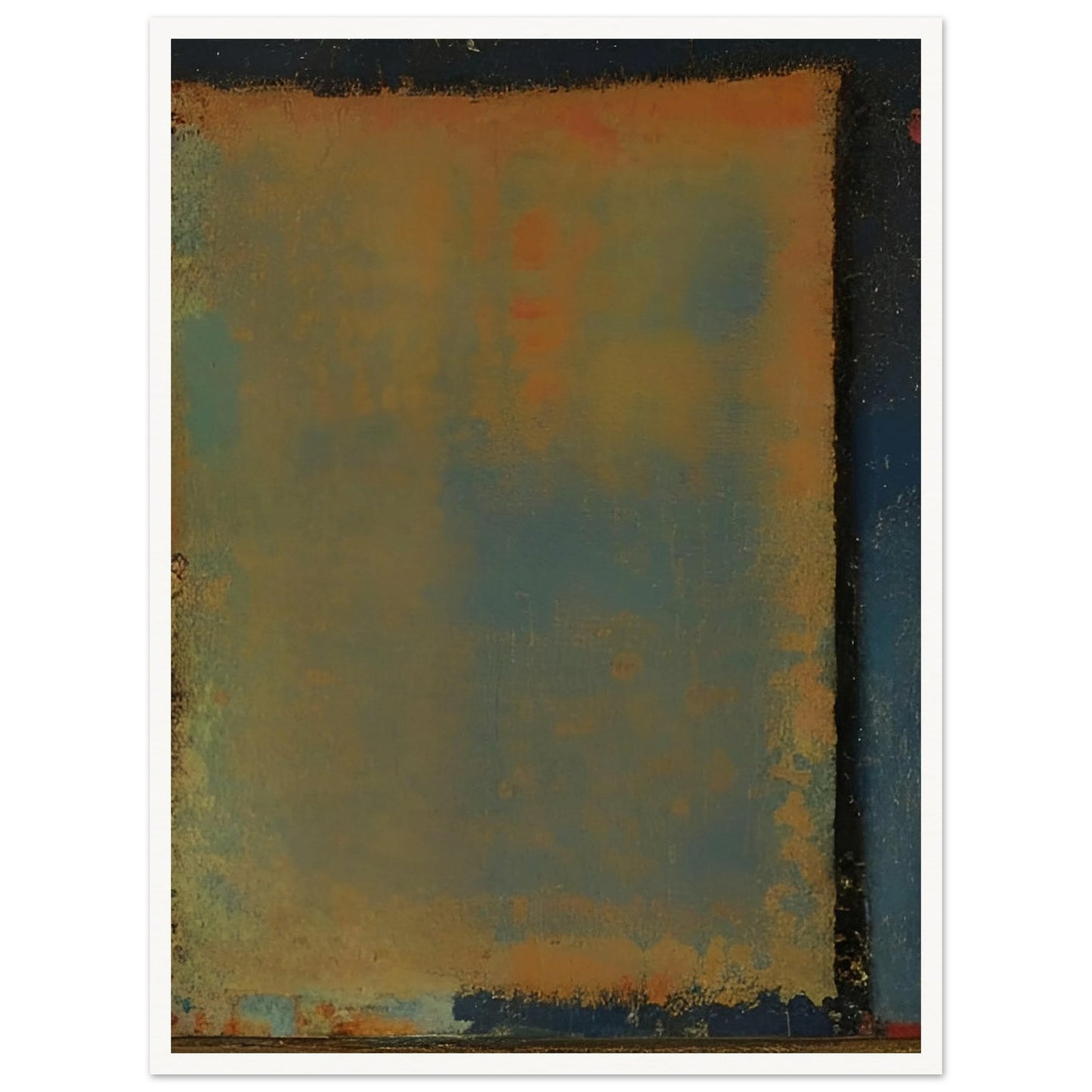 A serene abstract painting with shades of blue, orange, and yellow blending softly together in a rectangular form.