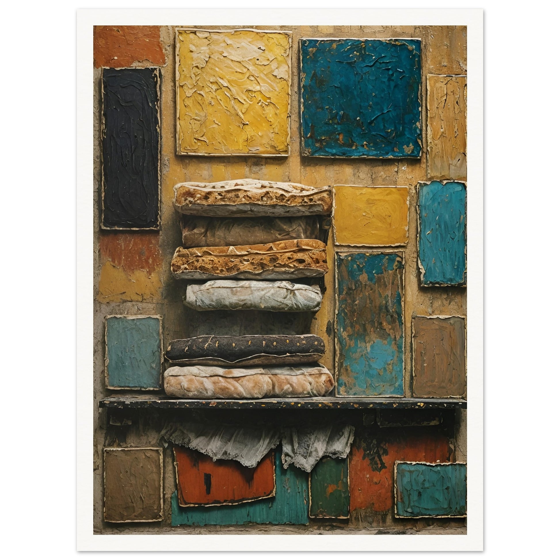 A rustic mixed-media artwork with layered textiles and textured blocks of yellow, blue, and earthy tones, evoking history and craftsmanship.