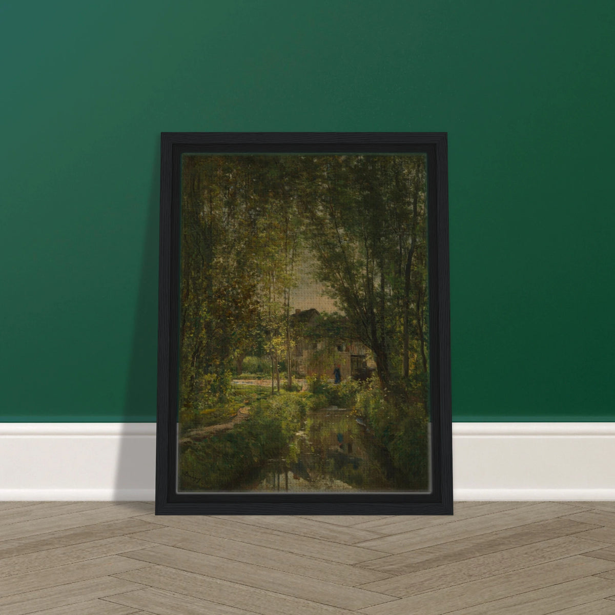 Sunlit stream winds through dense trees toward a cottage in a quiet woodland landscape