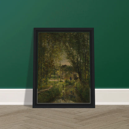 Sunlit stream winds through dense trees toward a cottage in a quiet woodland landscape