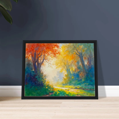 Luminous forest path framed by fiery autumn leaves, golden sunlight, and misty blue-green woods in a vibrant dreamlike landscape.