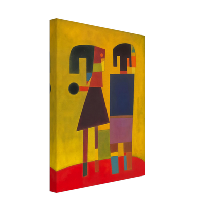 Two stylized figures in bold geometric shapes stand on a red floor against a golden background, evoking quiet connection.