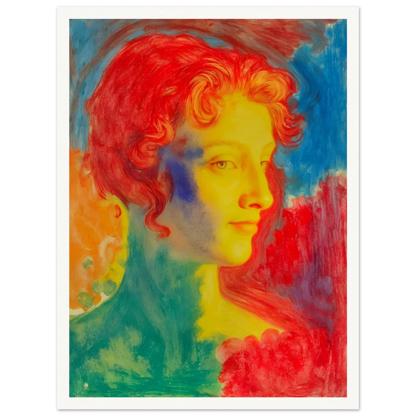 A vivid portrait of a woman in glowing reds, blues, and golds, blending luminous tones into a dreamlike expressive composition.