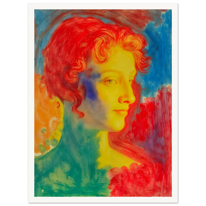 A vivid portrait of a woman in glowing reds, blues, and golds, blending luminous tones into a dreamlike expressive composition.