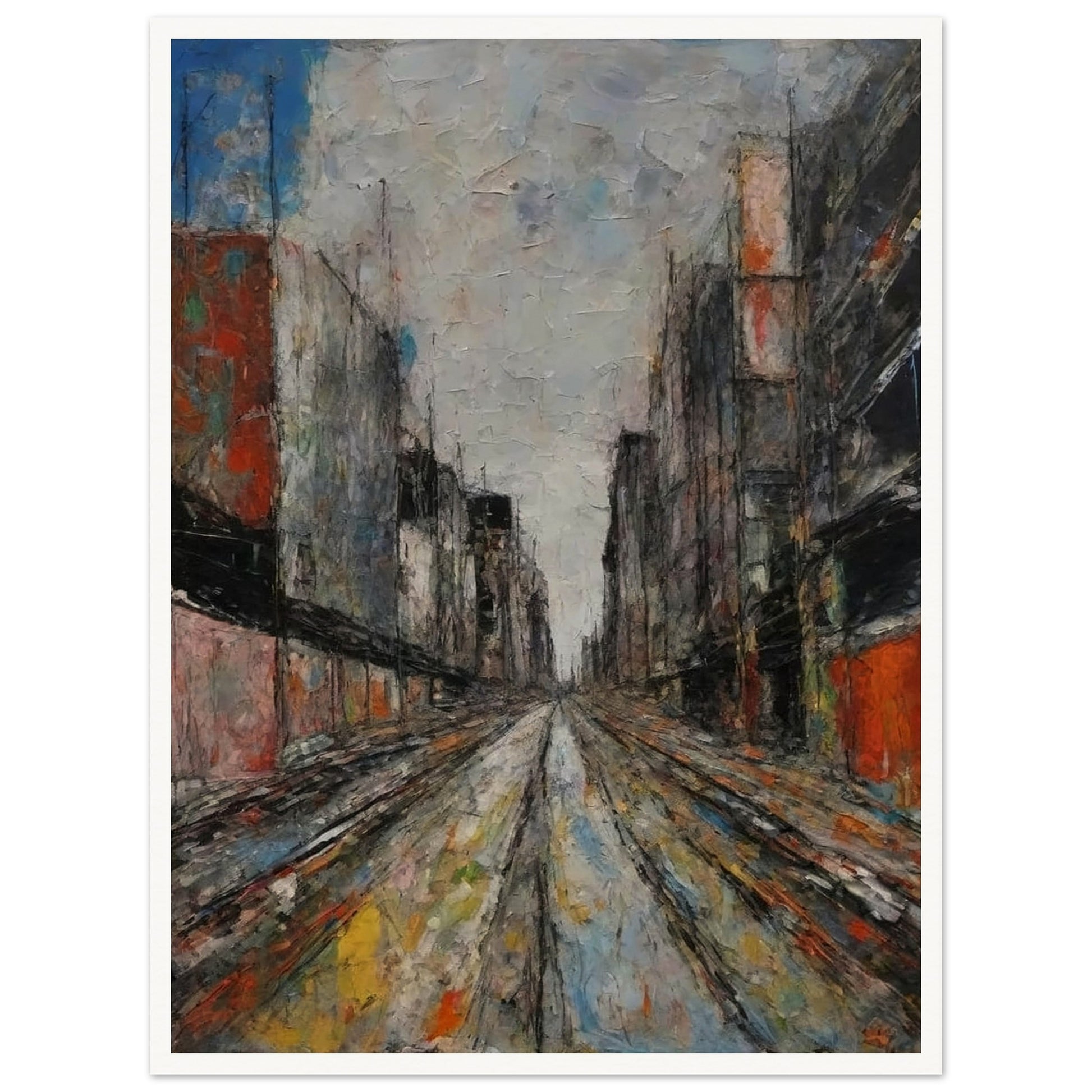 Textured painting of a long urban alley with tall buildings on both sides, leading to a vanishing point under a cloudy sky.