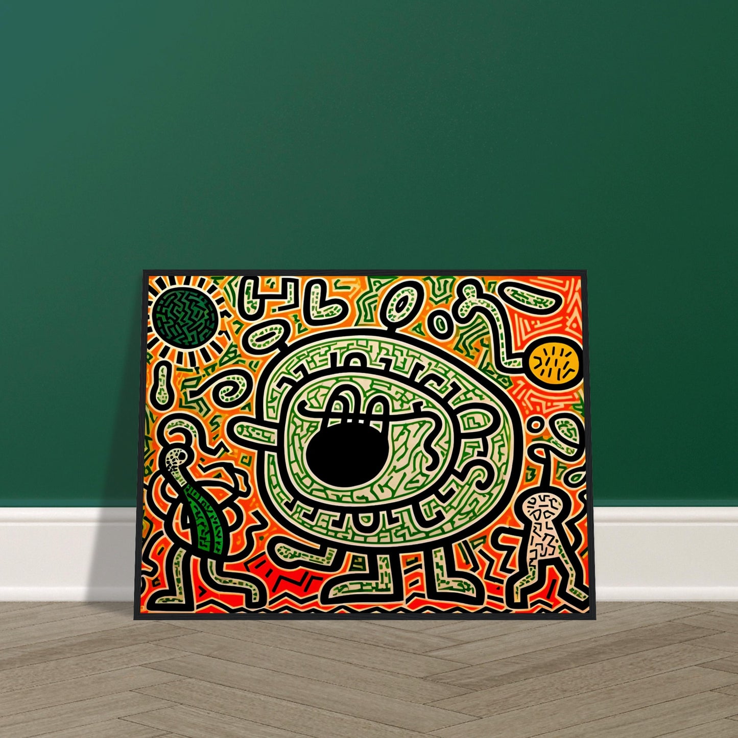 A graffiti-inspired digital artwork featuring a large green eye-like figure surrounded by bold black outlines, intricate patterns, and vibrant neon hues of green, red, and orange.