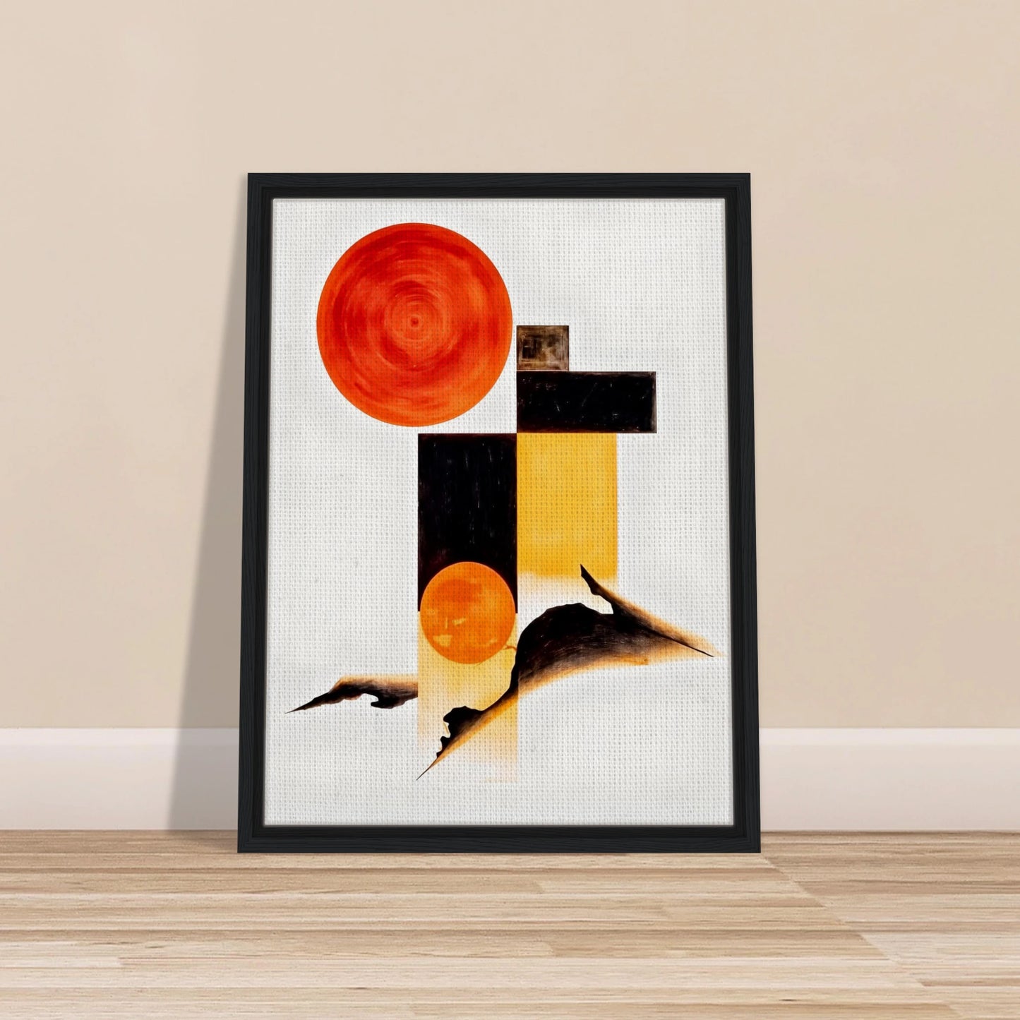 A minimalist abstract composition featuring bold orange circular forms, geometric black and golden rectangles, and flowing dark organic shapes set against a bright white background.