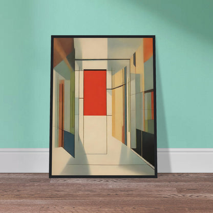 An abstract artwork featuring geometric shapes forming a modern corridor with a prominent red panel at the center, surrounded by muted tones of beige, green, and orange.