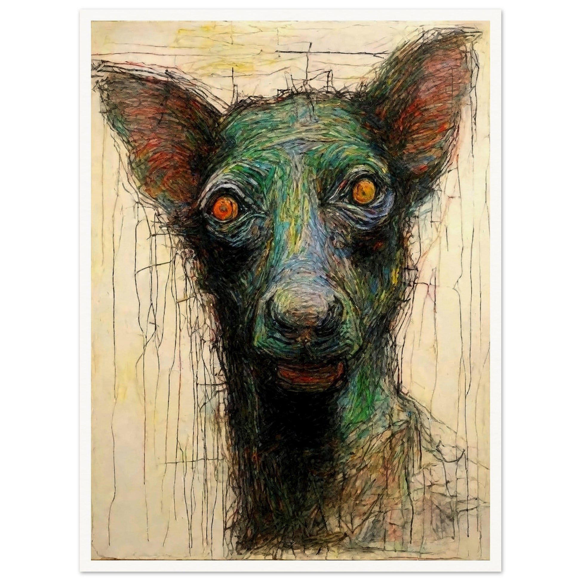 An expressive painting of a dog with piercing orange eyes, featuring textured, multicolored brushstrokes and a raw, emotional intensity.