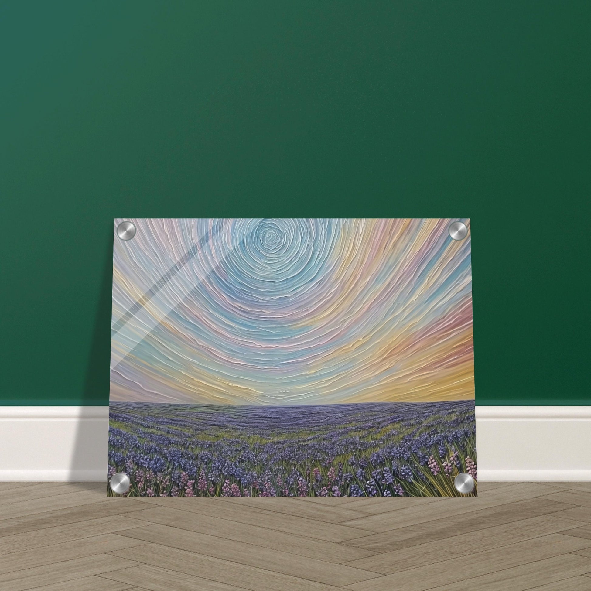 Surreal painting of a vast lavender field under a swirling pastel sky, creating a dreamlike atmosphere.