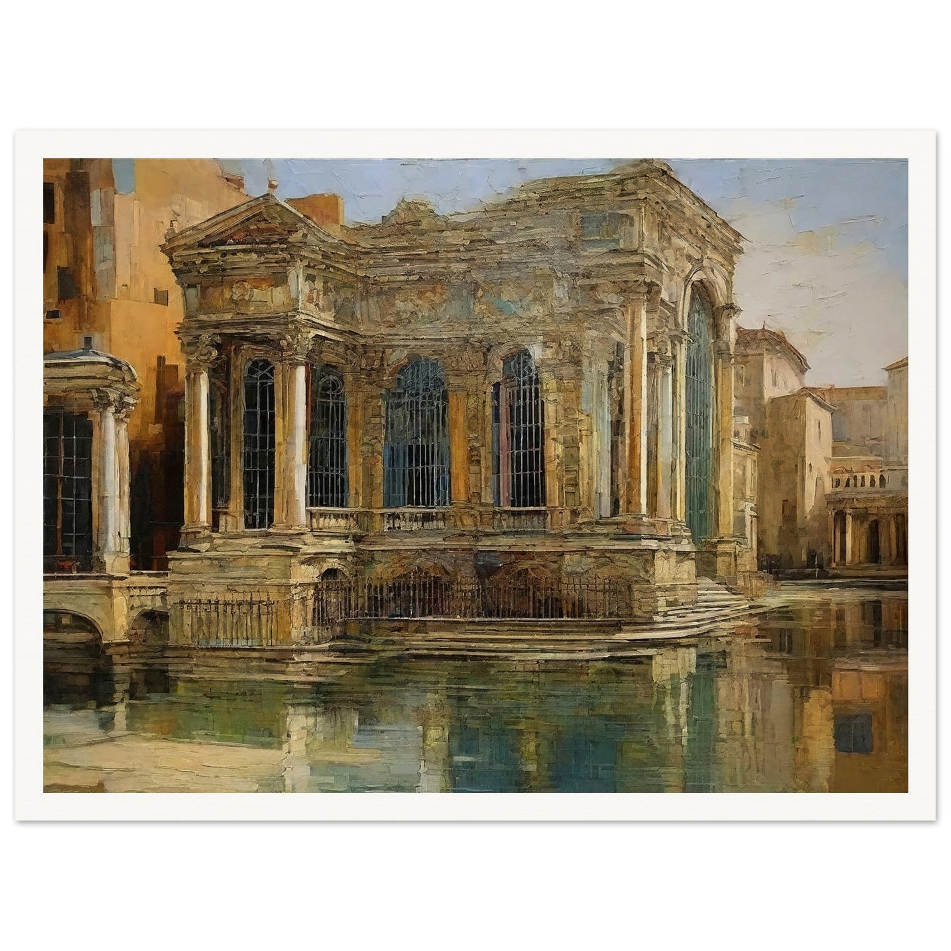 A grand, classical building with intricate columns and large windows, reflected in the calm waters of a historic European cityscape.