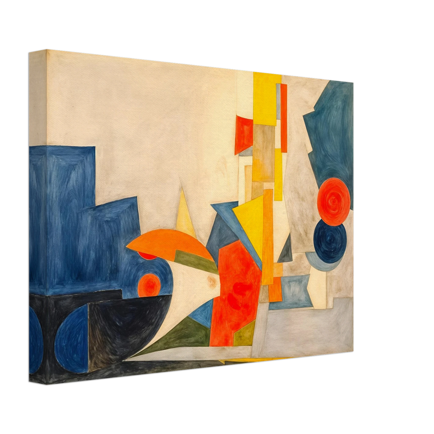 Dynamic geometric forms in blue, orange, and yellow intersect across a cream canvas, suggesting rhythm, motion, and light.