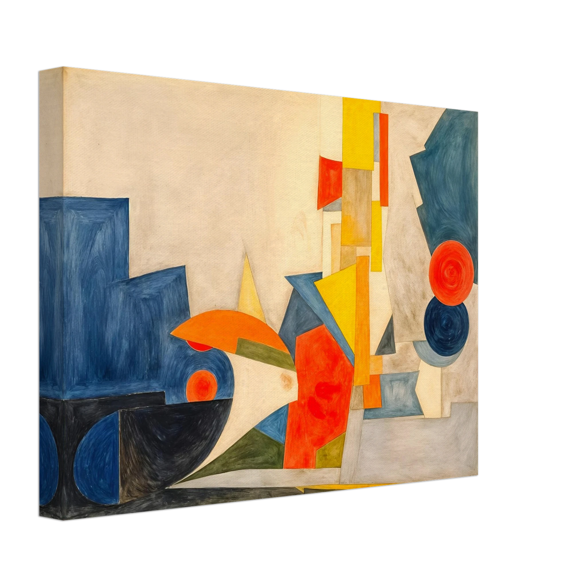 Dynamic geometric forms in blue, orange, and yellow intersect across a cream canvas, suggesting rhythm, motion, and light.