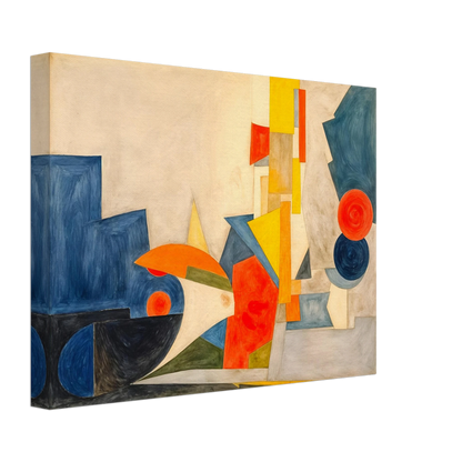 Dynamic geometric forms in blue, orange, and yellow intersect across a cream canvas, suggesting rhythm, motion, and light.
