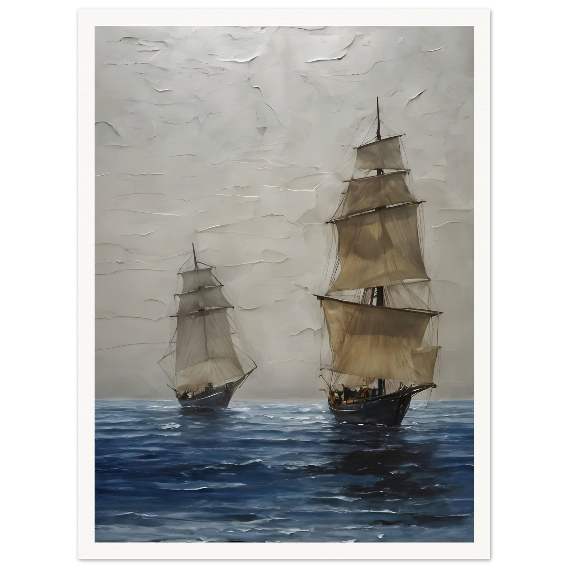 A captivating seascape featuring two tall ships with billowing sails drifting over deep blue waters, set against a textured, misty sky.