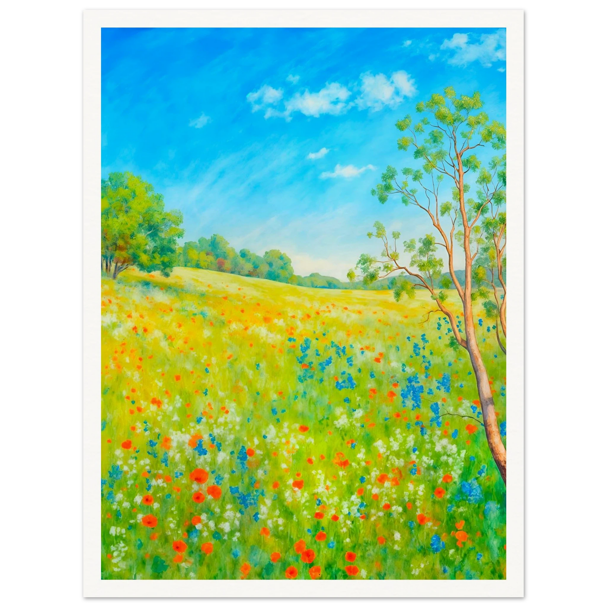 Bright wildflower meadow under clear blue sky with delicate trees, colorful blossoms, and sunlit greenery stretching across a serene spring landscape.