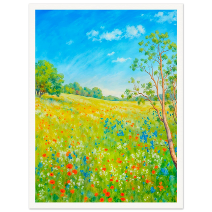 Bright wildflower meadow under clear blue sky with delicate trees, colorful blossoms, and sunlit greenery stretching across a serene spring landscape.