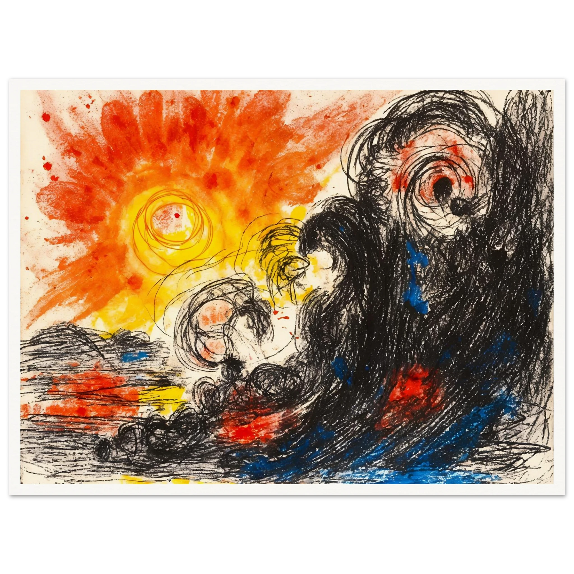 A blazing orange sun erupts above chaotic black waves and swirling forms, where fiery reds and deep blues collide in a turbulent seascape.