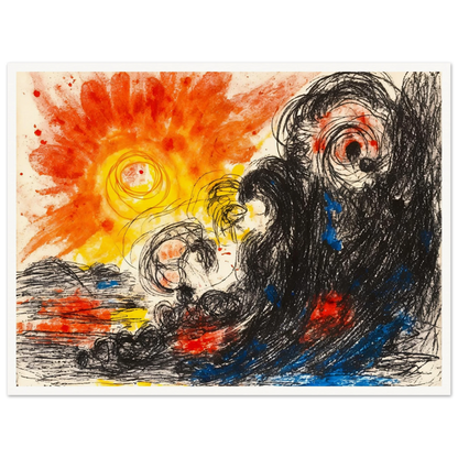 A blazing orange sun erupts above chaotic black waves and swirling forms, where fiery reds and deep blues collide in a turbulent seascape.