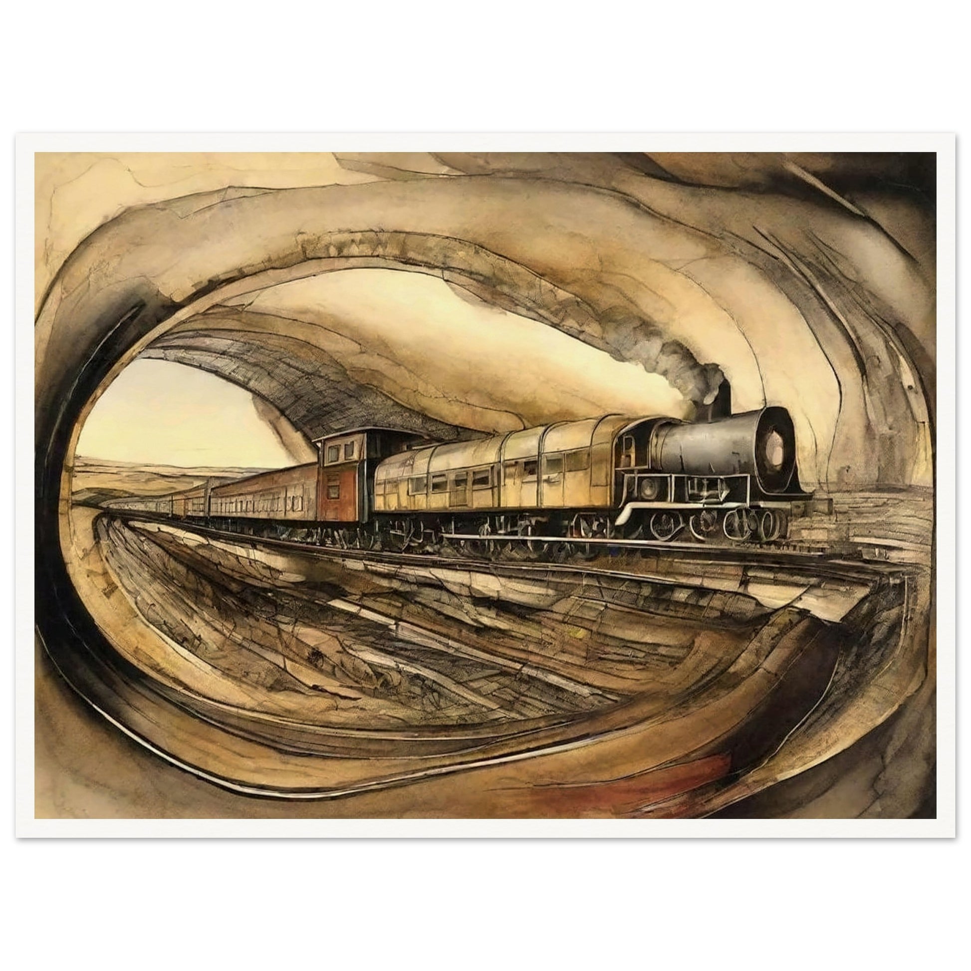 "A detailed painting of a steam engine train traveling through a tunnel, with a sepia-toned landscape surrounding the scene, evoking a sense of vintage travel."