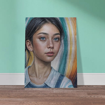 Realistic portrait of a young girl with striking blue eyes, against a colorful abstract background with swirls of teal, yellow, and white.