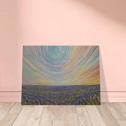 Surreal painting of a vast lavender field under a swirling pastel sky, creating a dreamlike atmosphere.