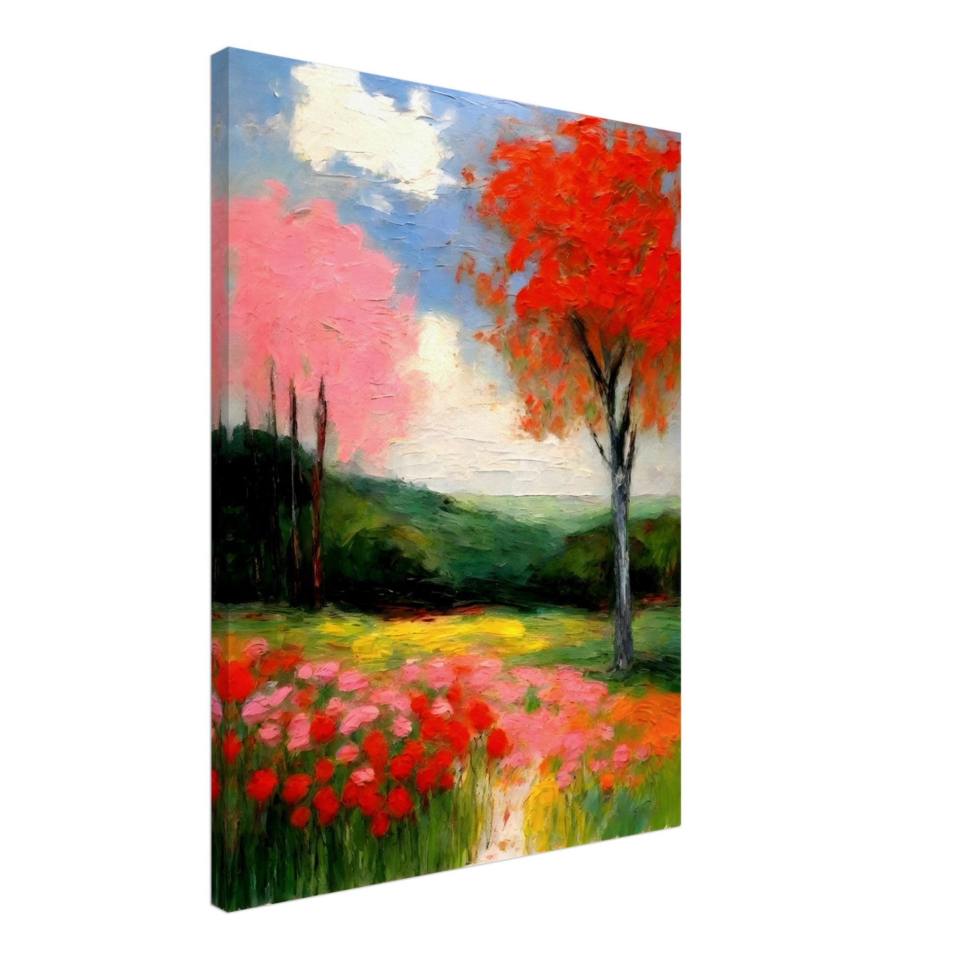 A lush landscape filled with vibrant red, pink, and yellow blossoms beneath a bright sky, featuring a striking autumnal tree with fiery foliage.