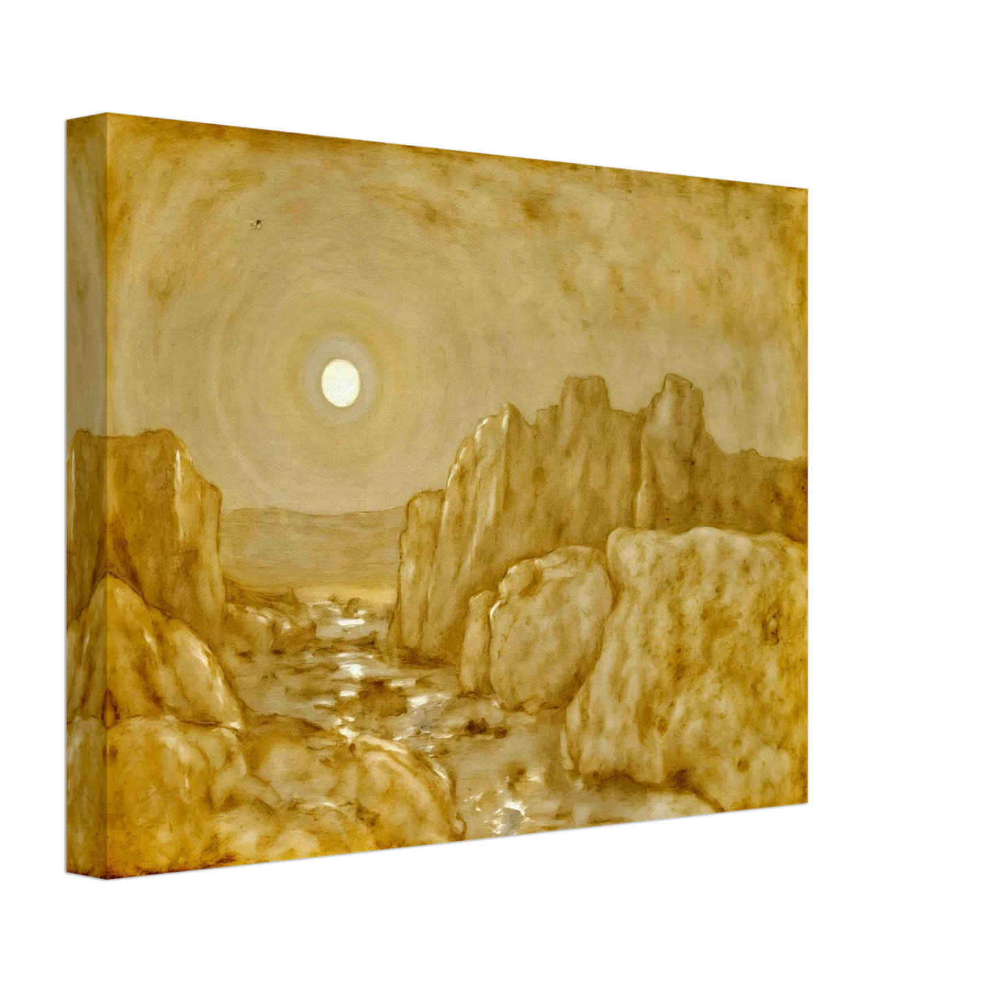 Golden canyon landscape beneath a radiant sun, with weathered stone cliffs and reflective waters glowing in warm sepia tones.