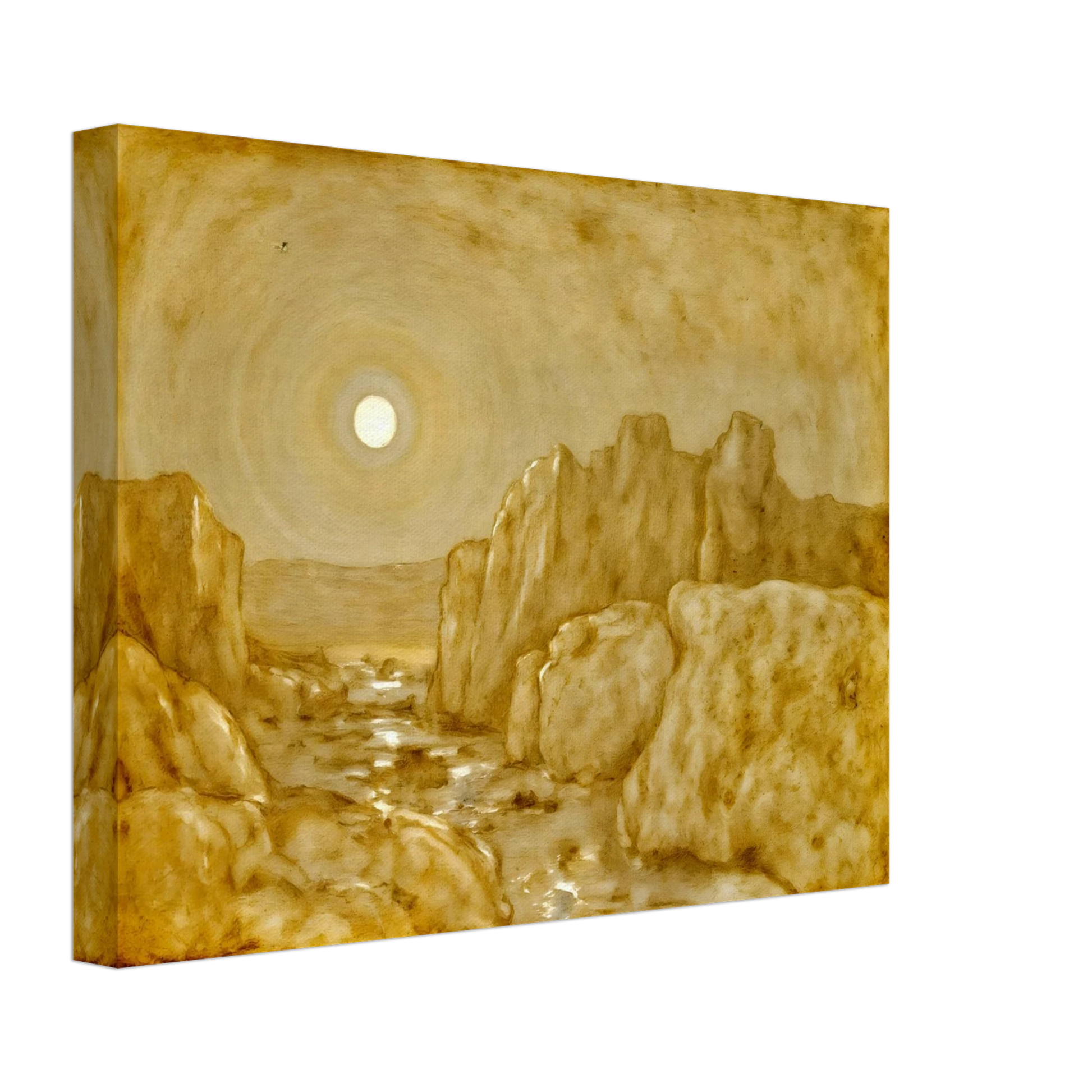 Golden canyon landscape beneath a radiant sun, with weathered stone cliffs and reflective waters glowing in warm sepia tones.
