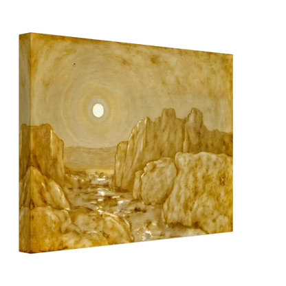 Golden canyon landscape beneath a radiant sun, with weathered stone cliffs and reflective waters glowing in warm sepia tones.