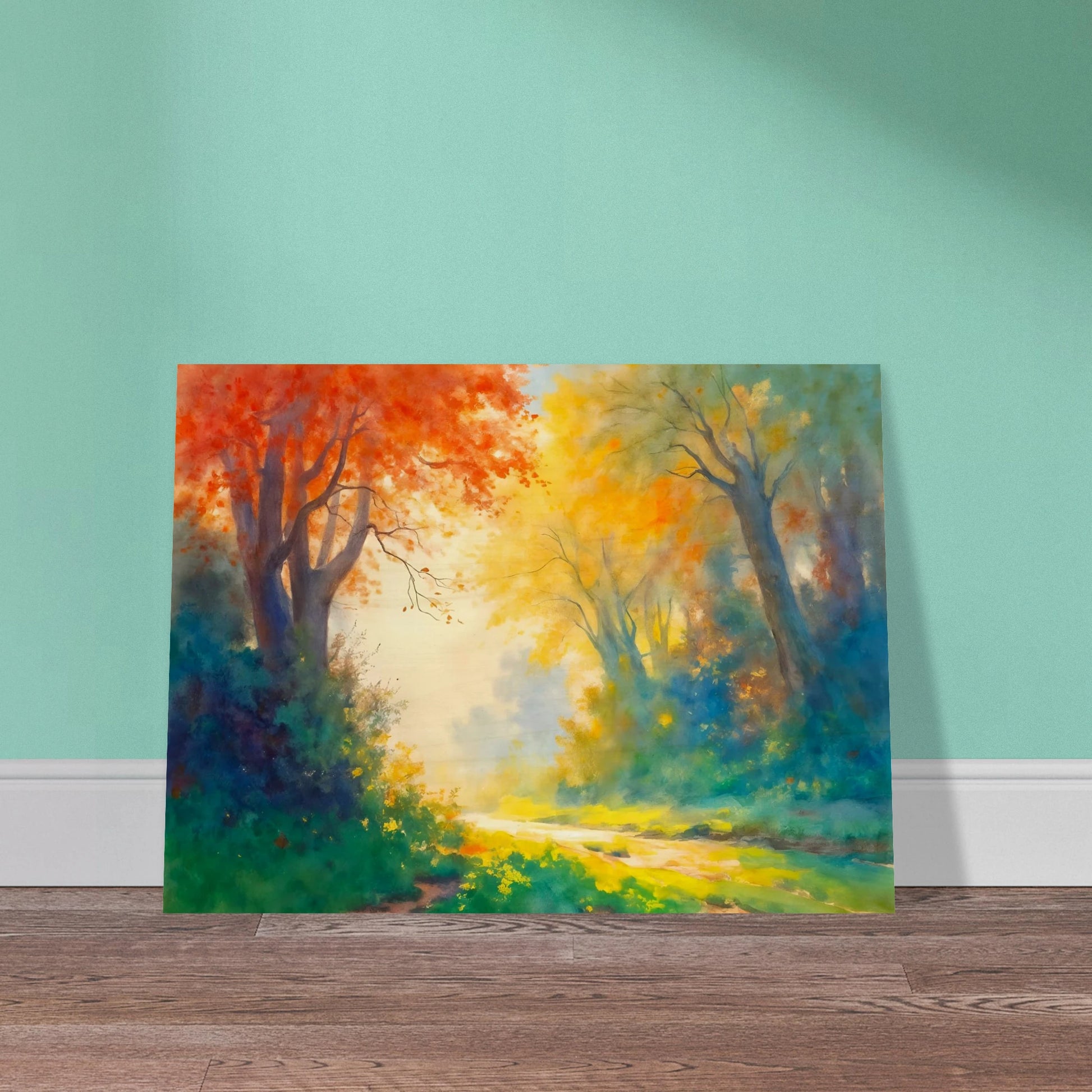 Luminous forest path framed by fiery autumn leaves, golden sunlight, and misty blue-green woods in a vibrant dreamlike landscape.