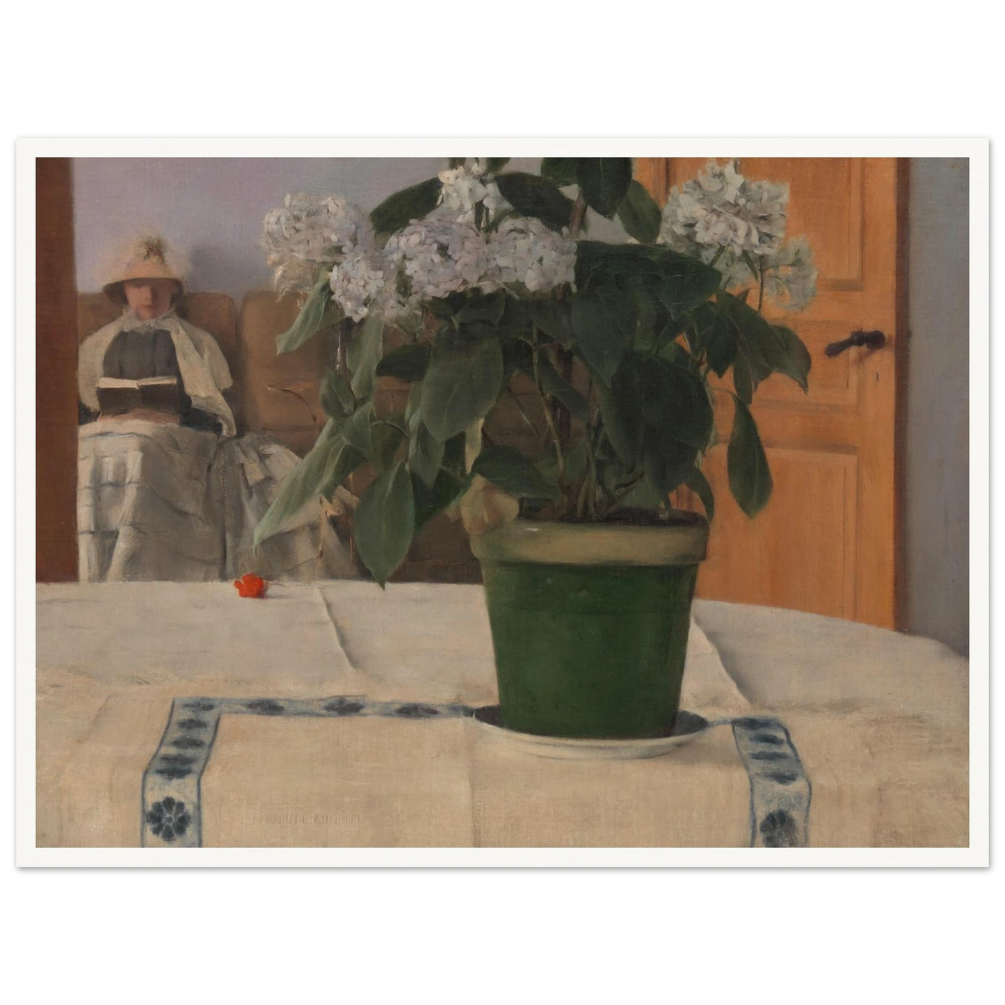 A potted hydrangea dominates a quiet interior as a bonneted woman reads in the softly lit background.