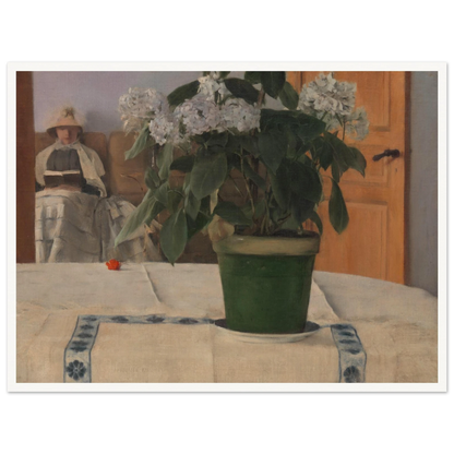 A potted hydrangea dominates a quiet interior as a bonneted woman reads in the softly lit background.