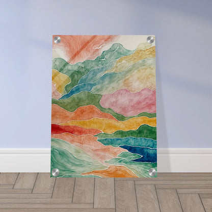 Abstract watercolor painting depicting fluid, layered mountains in a spectrum of colors, creating a sense of natural movement.