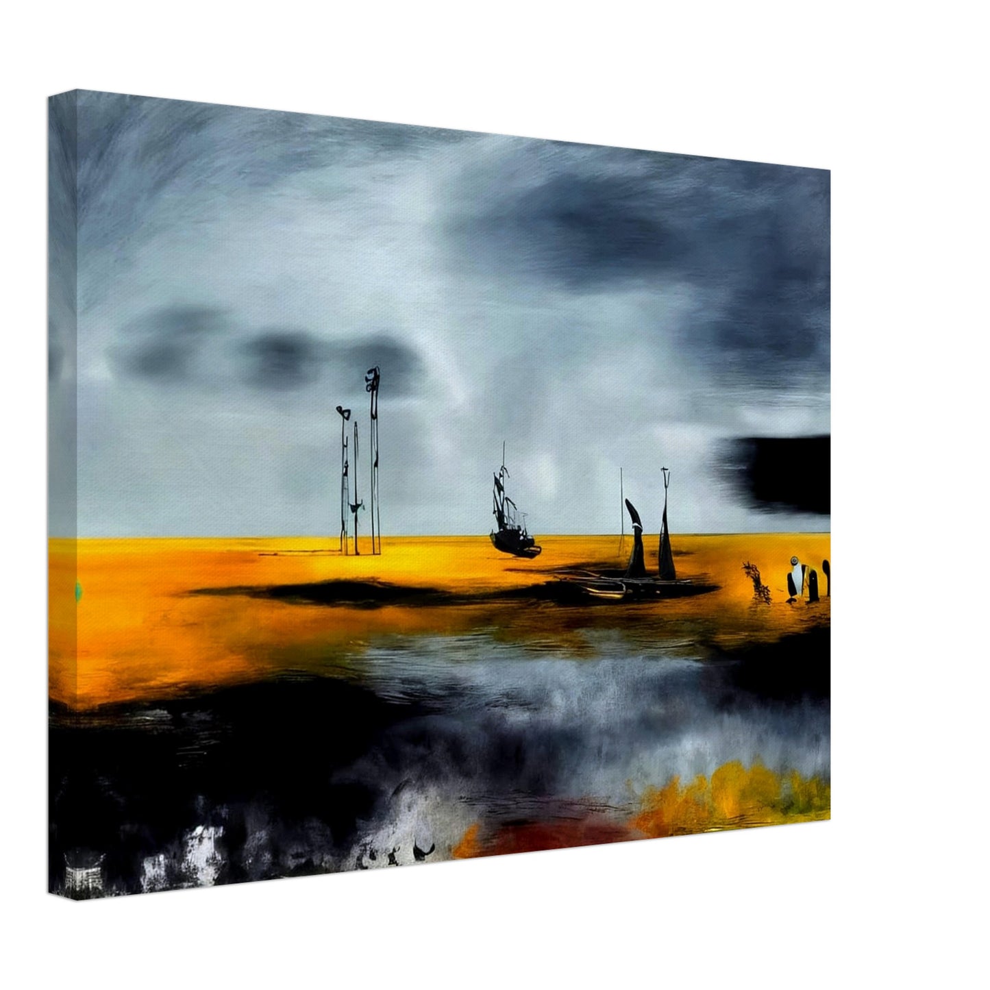 Surreal painting of a golden seascape with dark, dramatic clouds, featuring boats and abstract structures against a vivid sky.