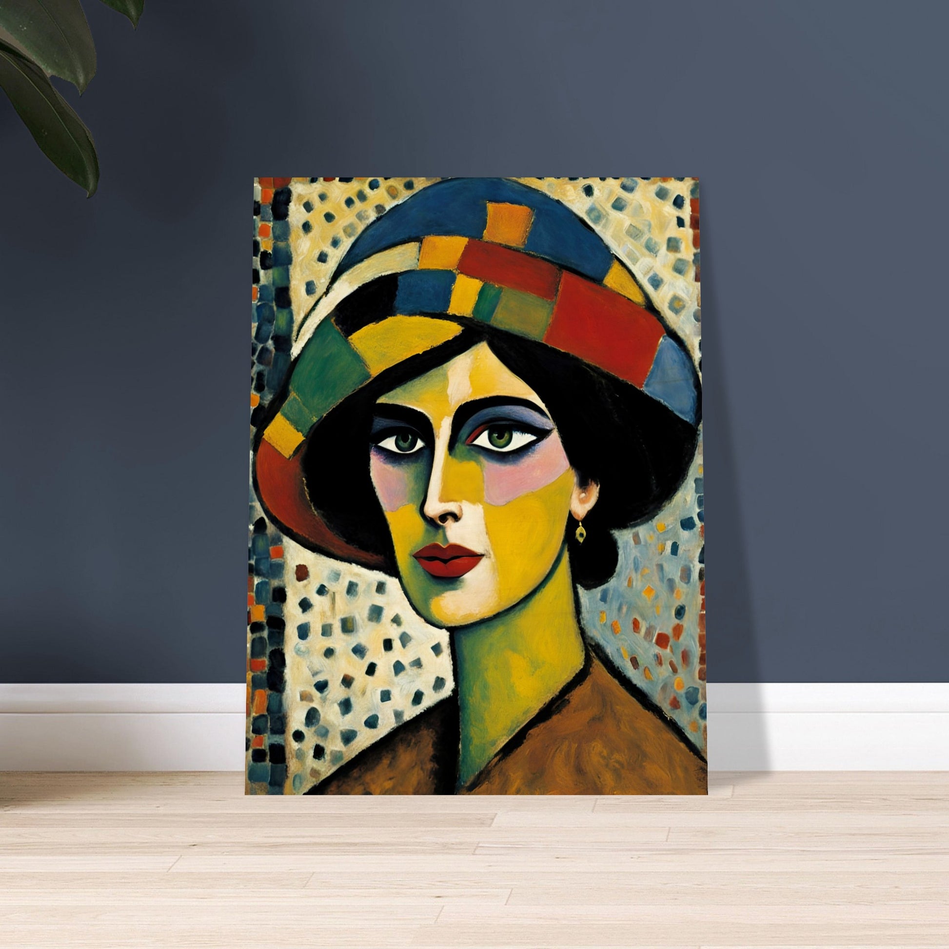 A striking portrait of a woman with bold, colorful facial features, wearing a patchwork hat against a textured mosaic background.