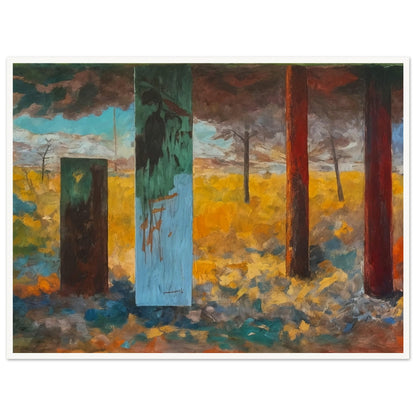 An abstract landscape painting featuring colorful vertical pillars against a backdrop of a vibrant field and dramatic sky.