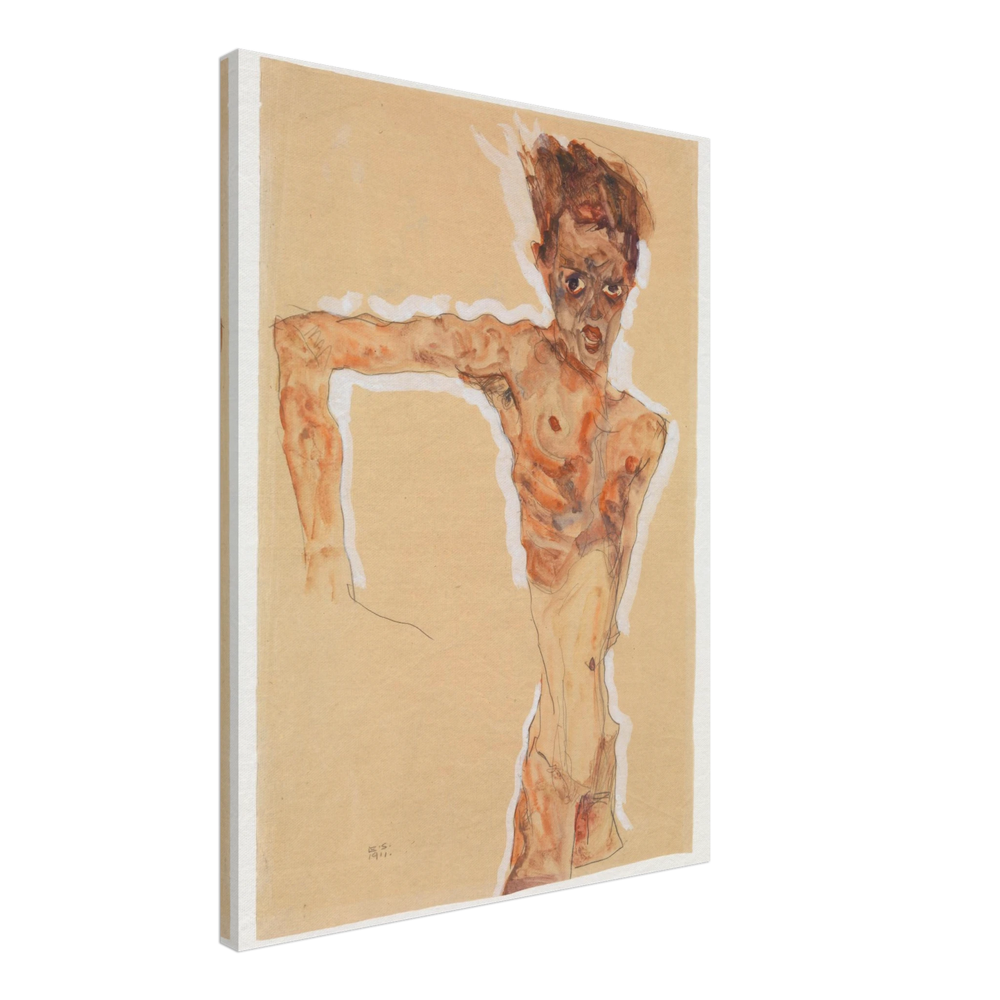 A gaunt male figure twists sharply, rendered in orange-brown washes and dark lines on tan paper.