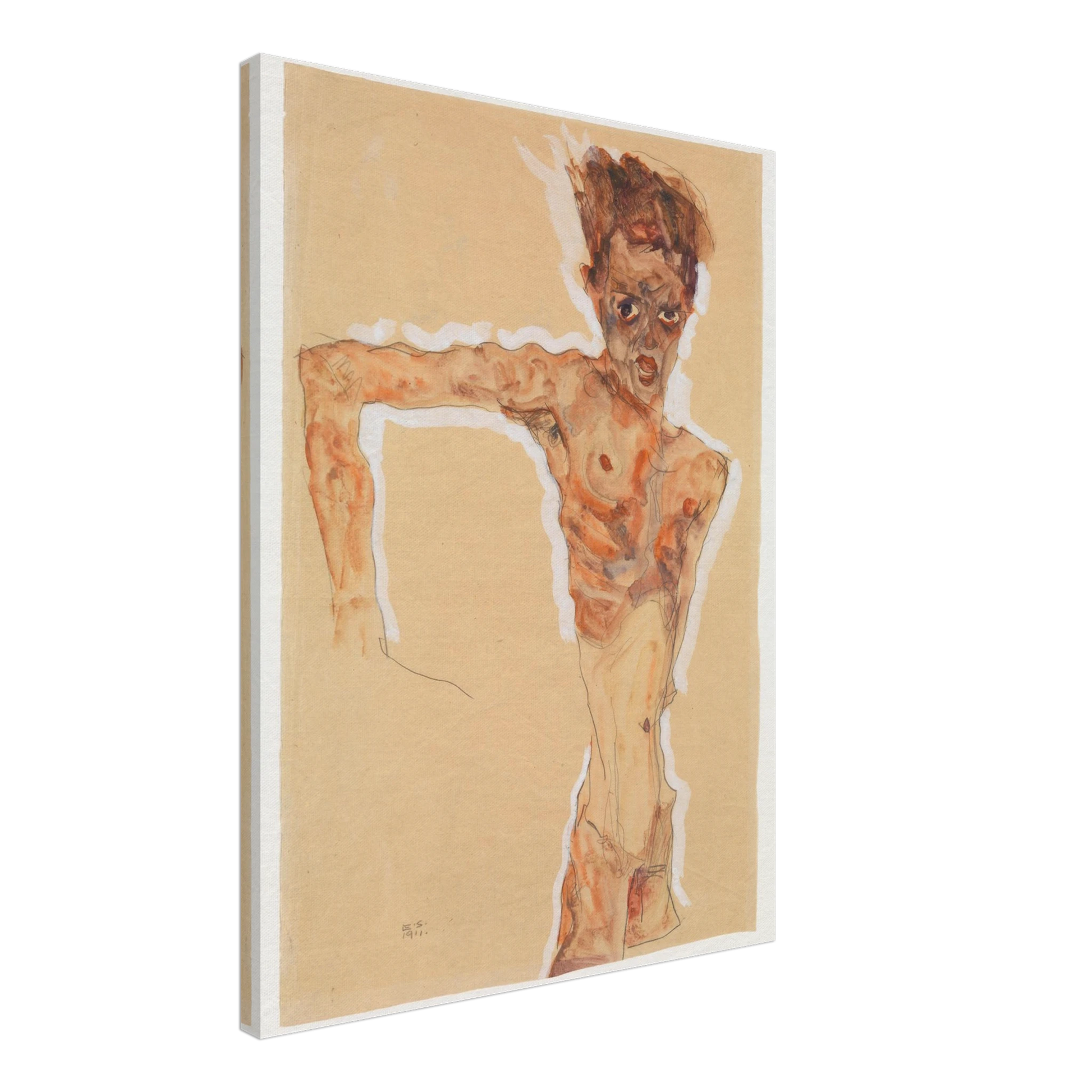 A gaunt male figure twists sharply, rendered in orange-brown washes and dark lines on tan paper.